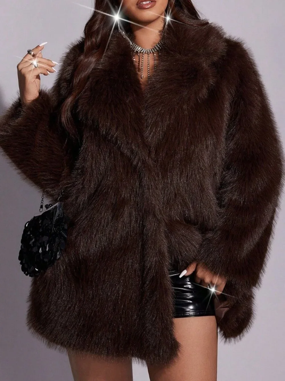 Coffee Brown Women's Plus Size Lapel Neck Long Sleeve Faux Fur Coat